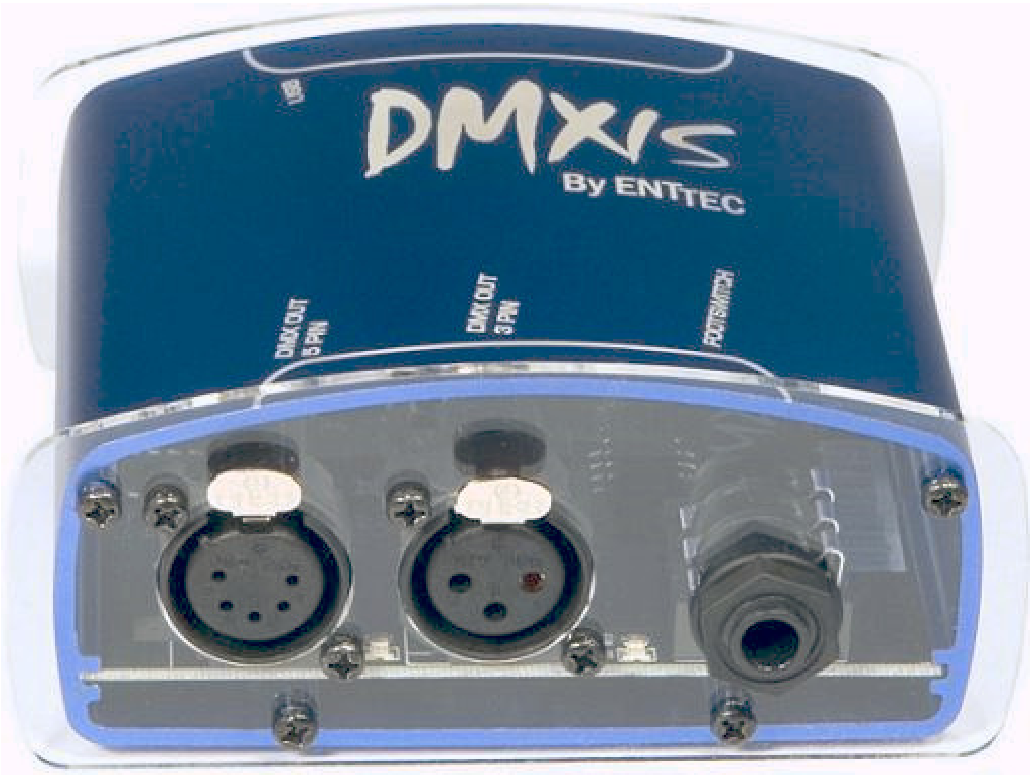 The DMXIS hardware interface: 5-pin and 3-pin DMX out, and the quarter-inch footswitch jack.