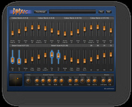 The DMXIS software: fader banks, sound tracker, oscillator and master section.