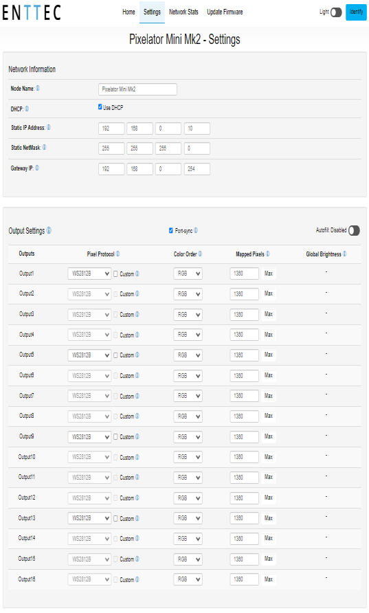 PIXELATOR MINI MK2 web interface — Settings tab showing Network Information and Output Settings for all 16 ports