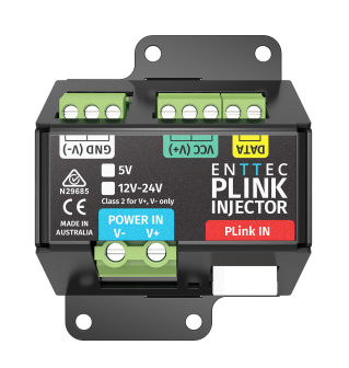 ENTTEC PLINK Injector — DC Power IN, VCC, Data and GND output terminals with 5V / 12-24V voltage selection