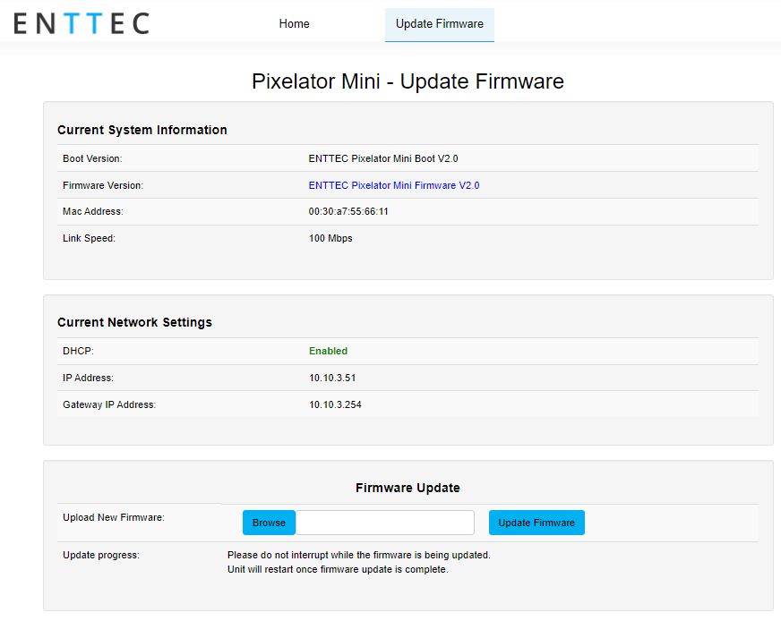PIXELATOR MINI MK2 Update Firmware tab — Upload New Firmware and Update progress fields