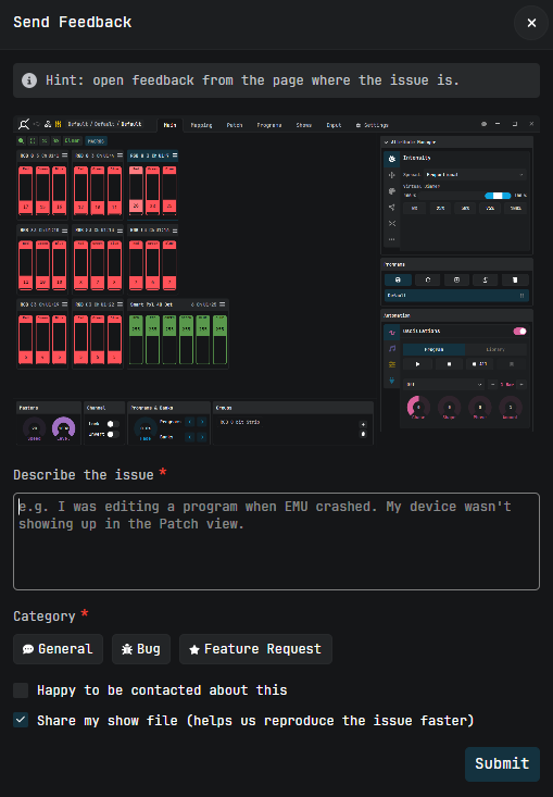 Send Feedback dialog