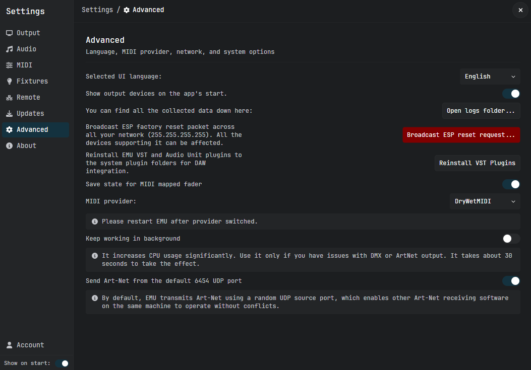 Settings, Advanced: language, network, and system options.
