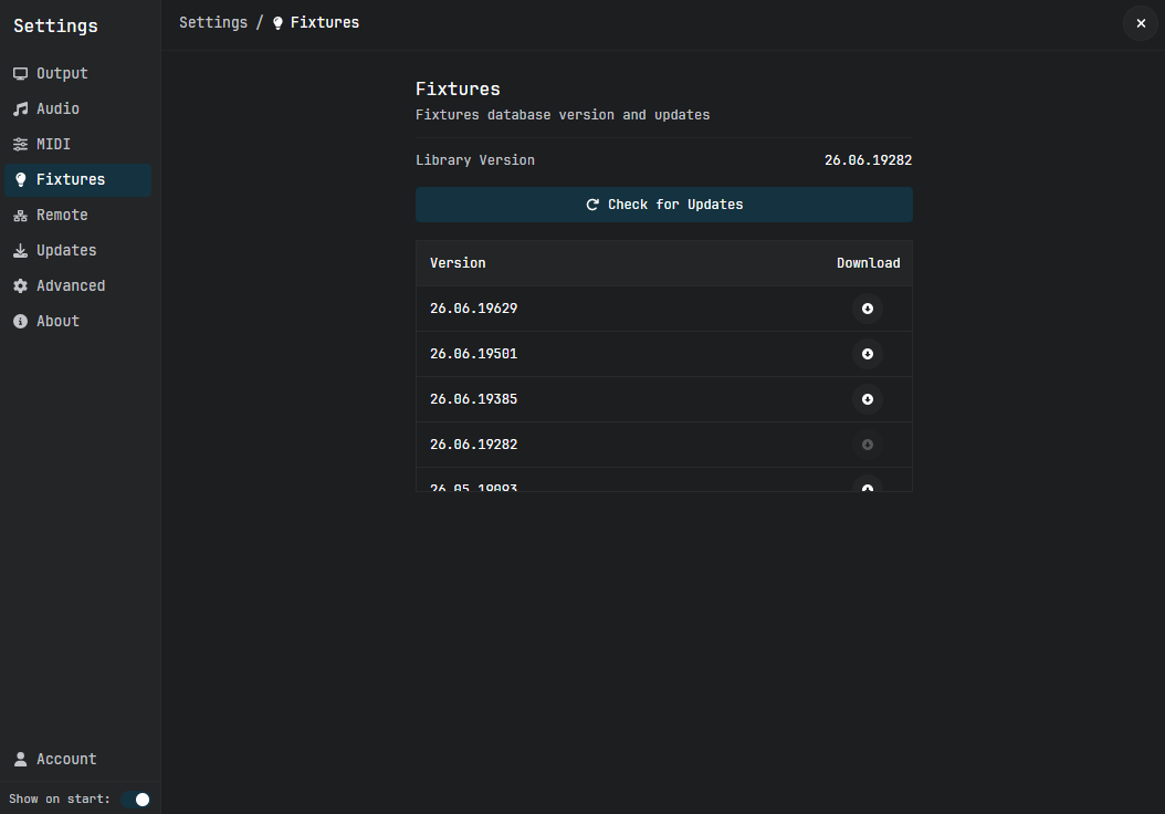 Settings, Fixtures: library version and updates.