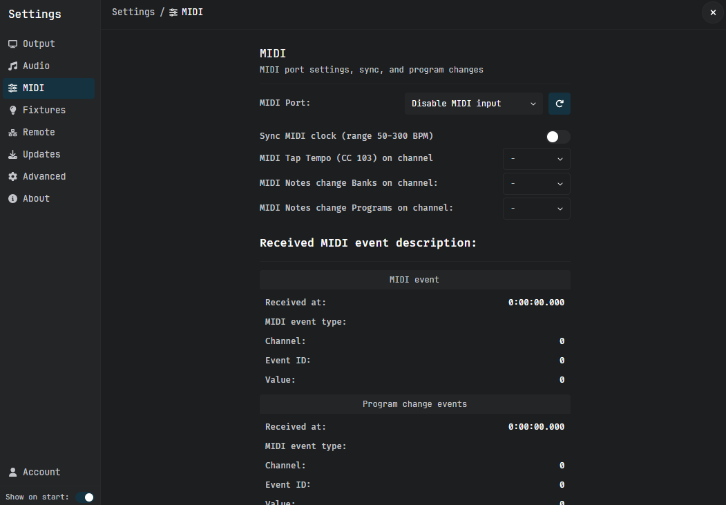 Settings, MIDI: ports, clock sync, and Bank/Program-change channels.