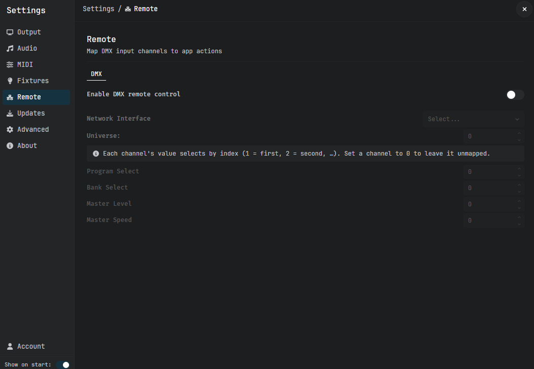Settings, Remote: map DMX input channels to app actions.