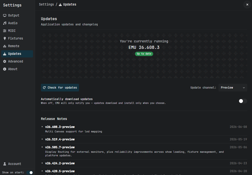 Settings, Updates: current version, update channel, and release notes.