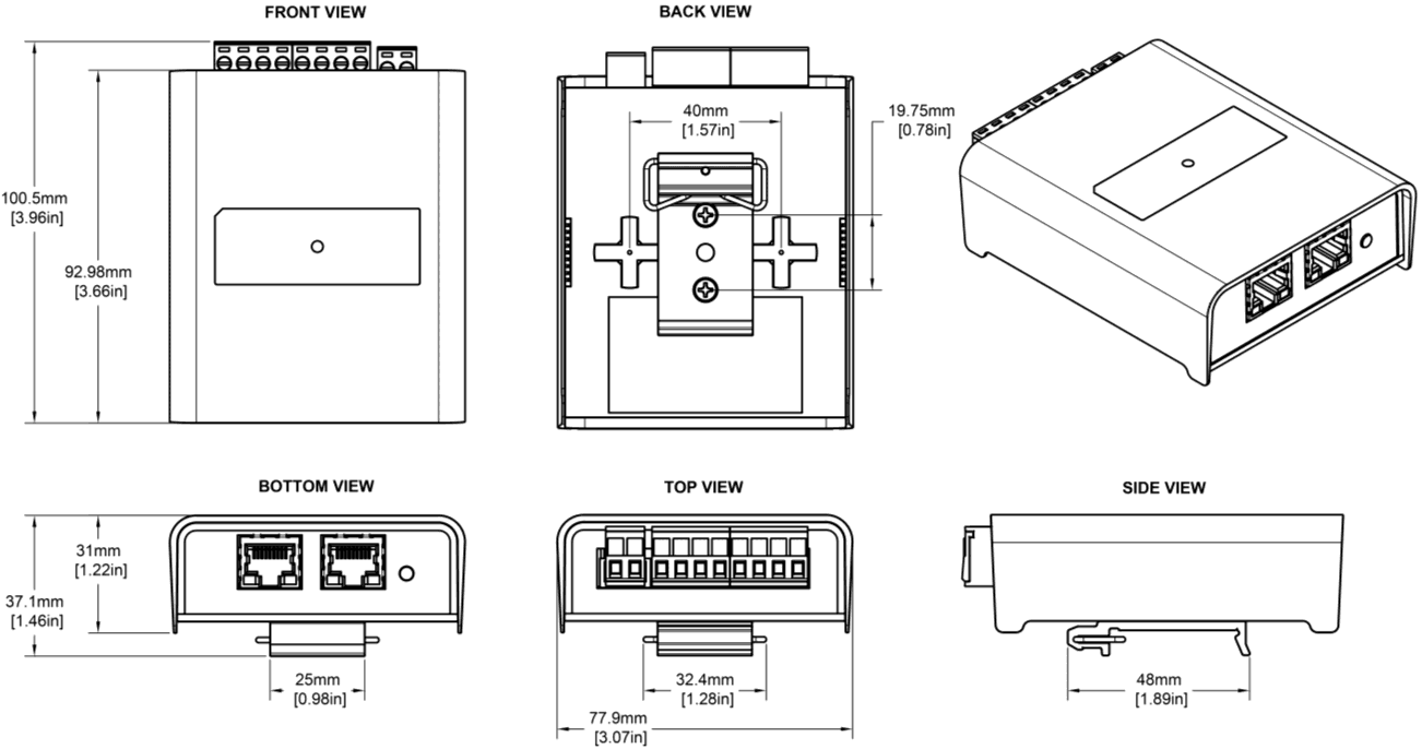 OCTO LITE physical dimensions — front, back, top, bottom, and side views