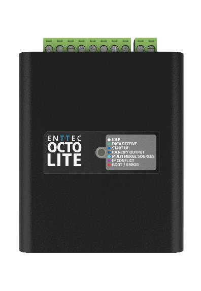 OCTO LITE LED status indicator labels — idle, data receive, start up, identify output, multi merge sources, IP conflict, boot / error