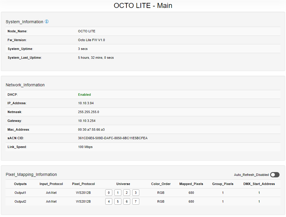 OCTO LITE web interface — Home tab