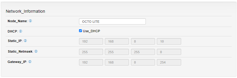OCTO LITE Settings tab — Network Information section