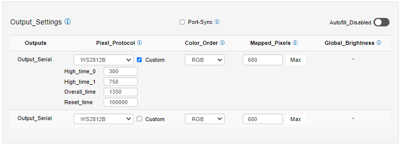 OCTO LITE Settings tab — Output Settings section with custom timing fields