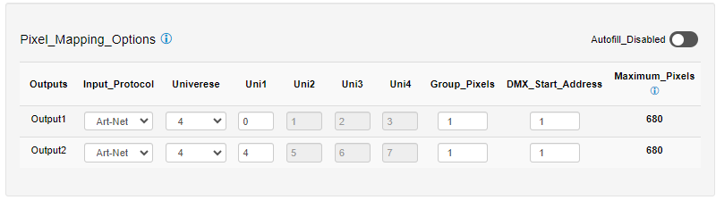 OCTO LITE Settings tab — Pixel Mapping Options