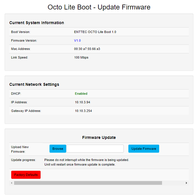 OCTO LITE web interface — Update Firmware tab
