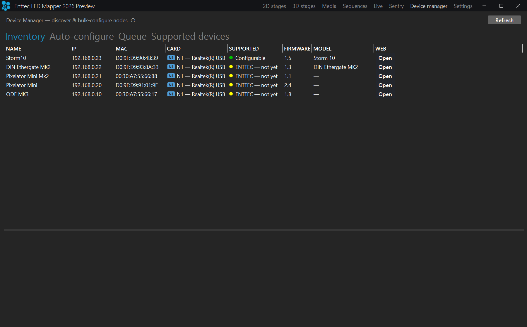 The Device manager Inventory tab listing five ENTTEC nodes - Storm10, DIN Ethergate MK2, Pixelator Mini Mk2, Pixelator Mini and ODE MK3 - on addresses 192.168.0.10 to 192.168.0.23, under Name, IP, MAC, Card, Supported, Firmware, Model and Web columns. Every row's Card cell reads N1 on a blue badge followed by Realtek(R) USB. Storm10 is the only row marked Configurable in green; the other four read ENTTEC - not yet in amber.