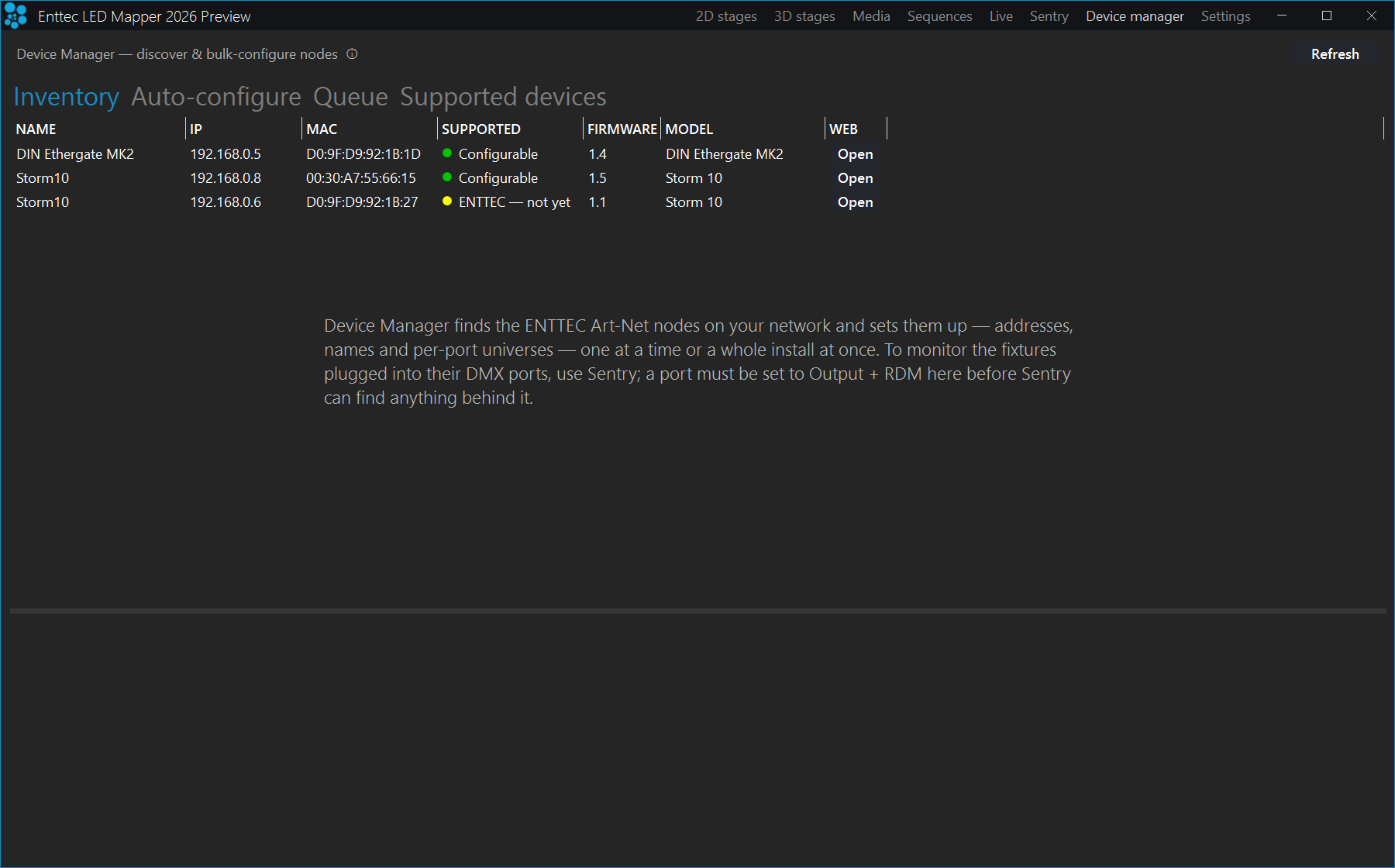 Device manager Inventory tab listing three nodes — a DIN Ethergate MK2 and two Storm 10s — under Name, IP, MAC, Supported, Firmware, Model and Web columns, with a paragraph explaining the workspace filling the space below