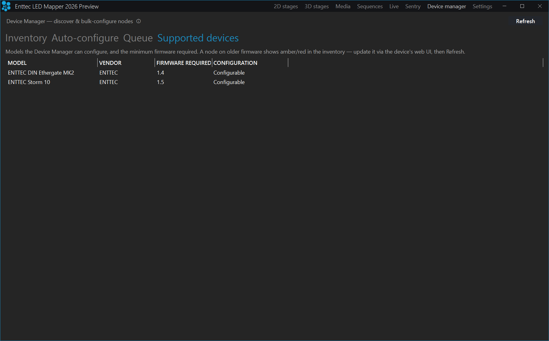 Device manager Supported devices tab listing the models ELM can configure with their vendor, required firmware and configuration status