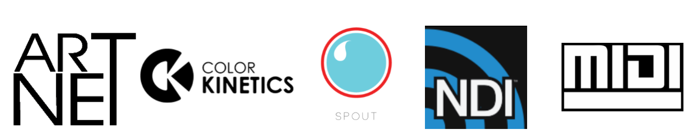 Supported protocols and integrations: Art-Net, Color Kinetics, Spout, NDI and MIDI