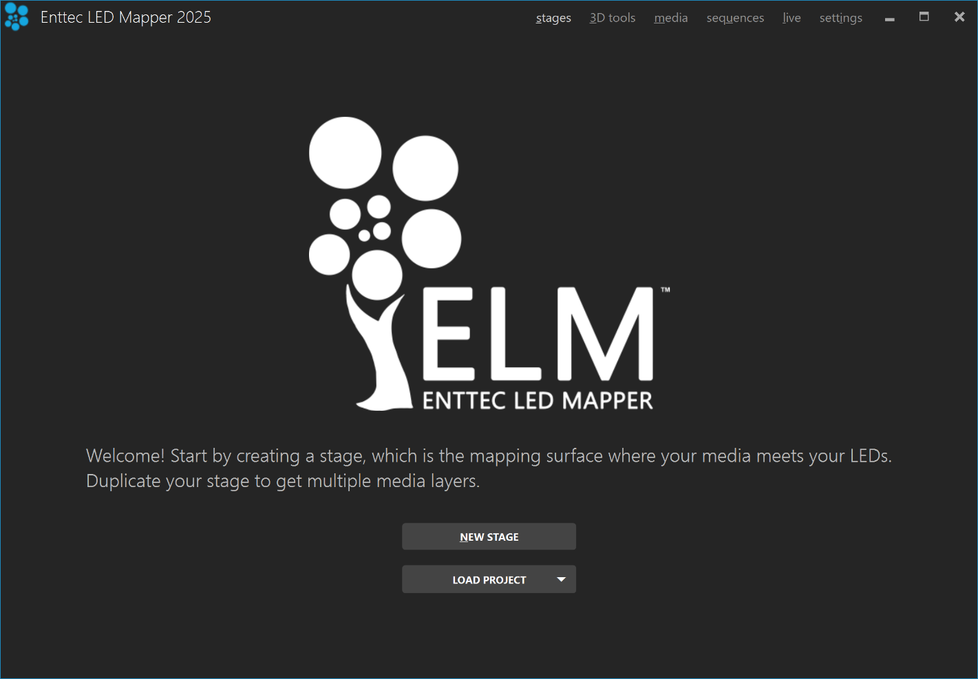 ELM home screen showing New Stage and Load Project buttons