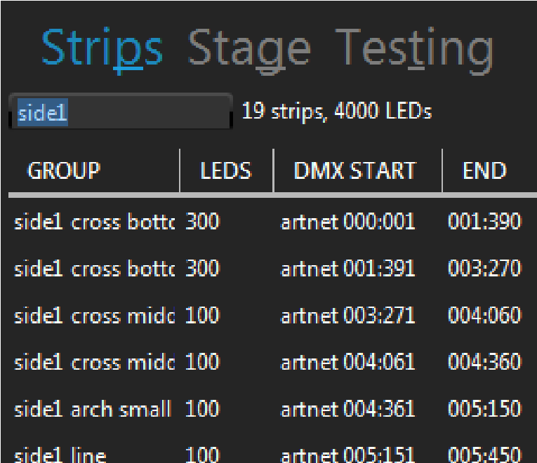 ELM Strips tab strip list showing group, LEDs, DMX start and end columns