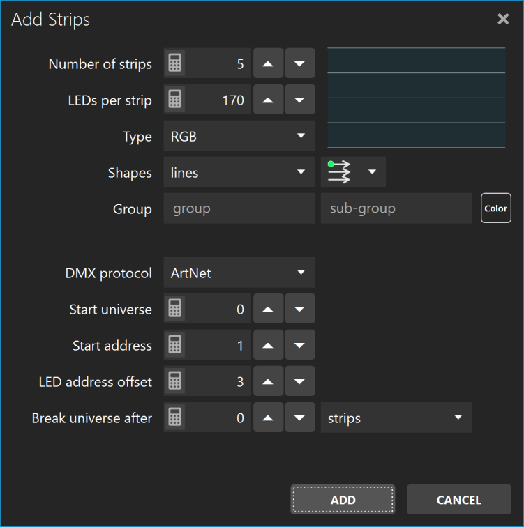 ELM add strips dialog for patching LED fixtures