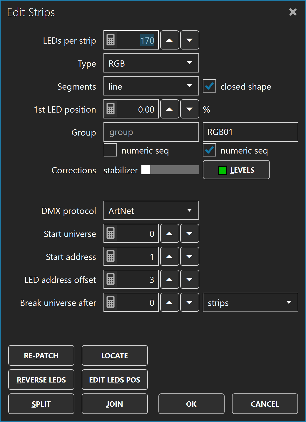 ELM edit strips dialog