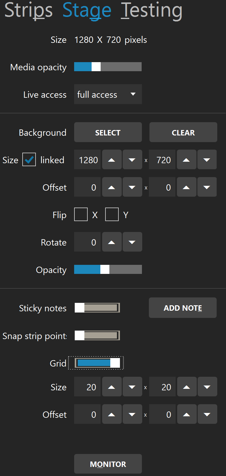 ELM stage tab showing size, preview opacity, background and grid settings