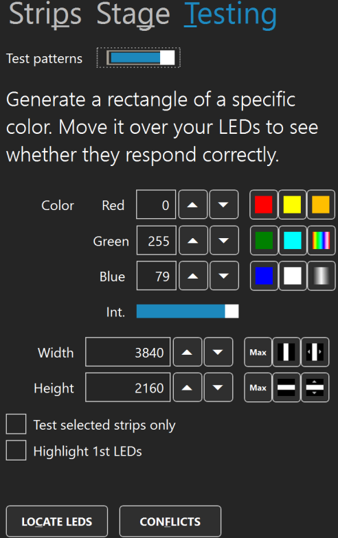 ELM testing tab with test pattern controls