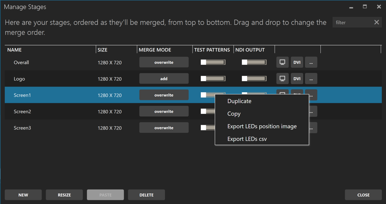 ELM stages manager showing stage list with merge mode and NDI options