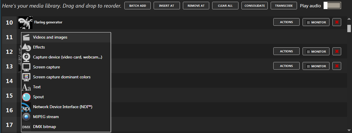 ELM media library showing loaded media slots