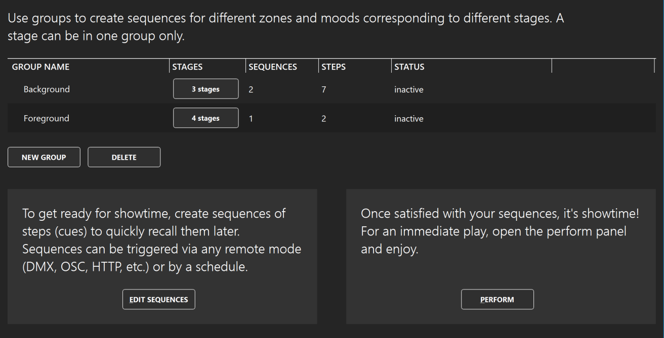 ELM sequences panel showing stage groups and sequence controls