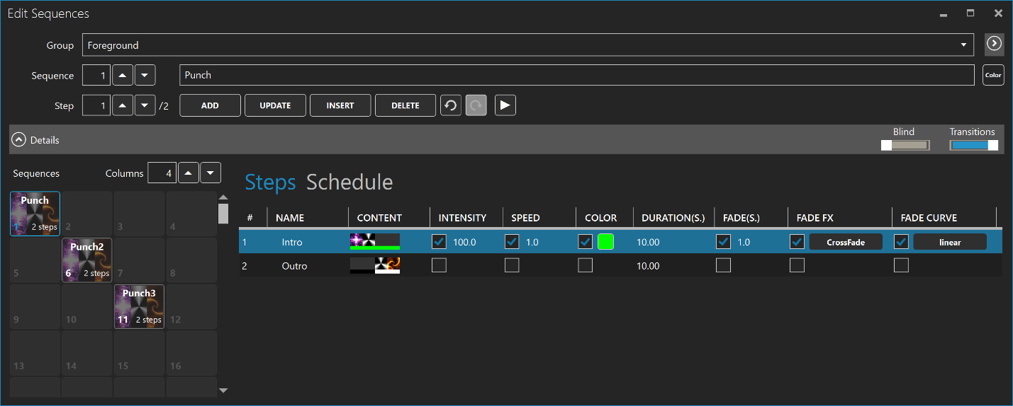 ELM edit sequences panel showing step grid and transition controls