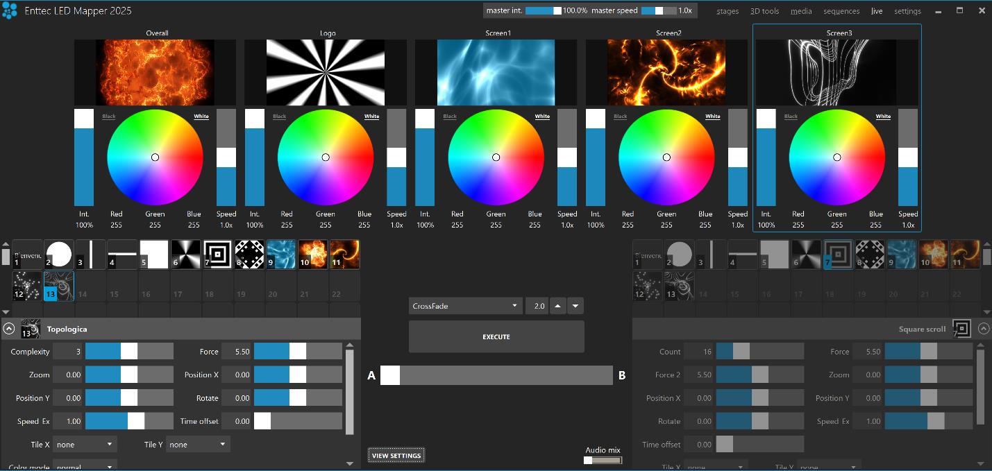 ELM live mode showing A and B media banks and stage controls