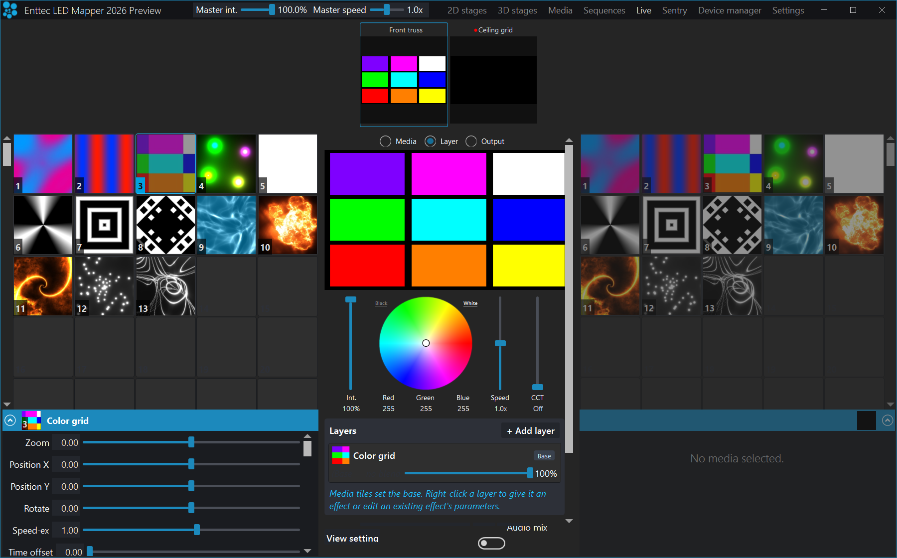 The parameter editor docked along the bottom left of the Live view, headed with the thumbnail and name of media 3, Color grid, and holding Zoom, Position X, Position Y, Rotate, Speed-ex and Time offset sliders with a scrollbar for more.
