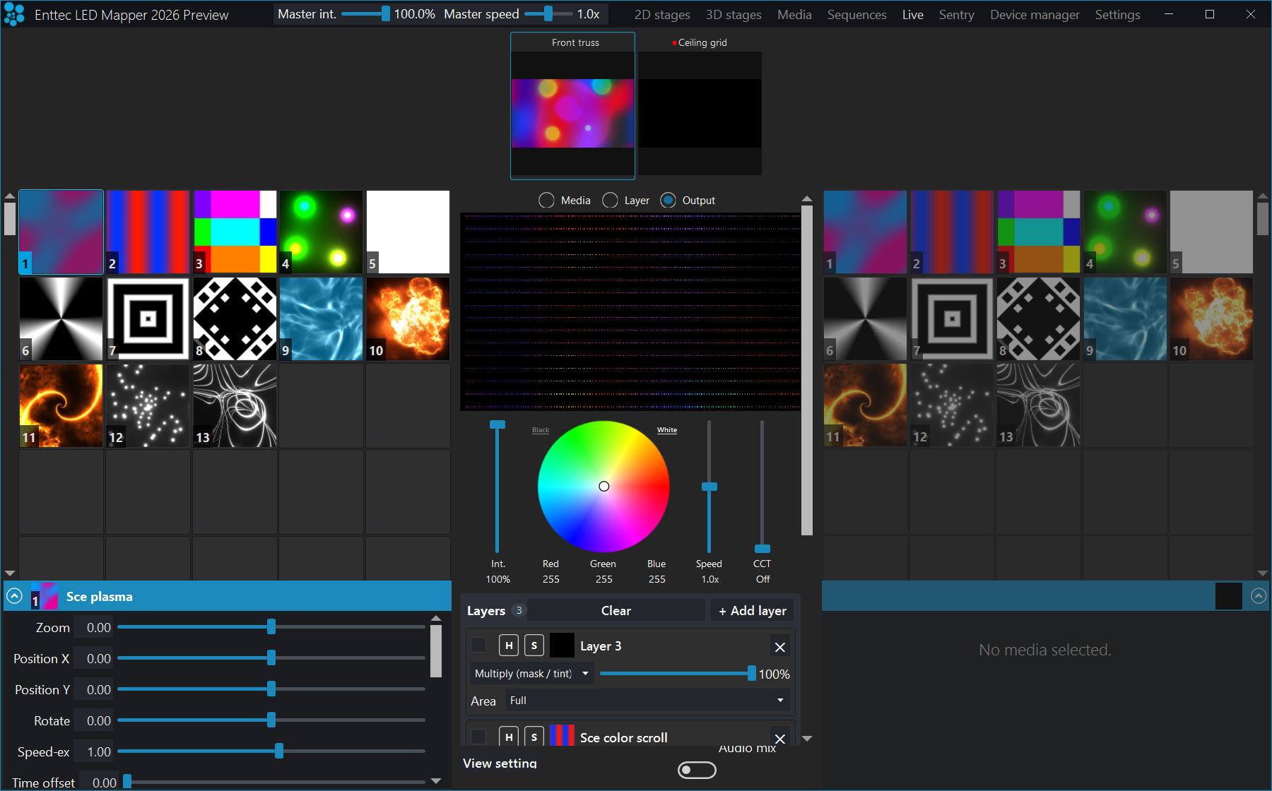 The Layers panel in the Live view, its count badge reading 3: the top row, Layer 3, carries a blend-mode drop-down set to Multiply (mask / tint), an opacity fader reading 100% and an Area drop-down set to Full, with the top of a second row named Sce color scroll below it.