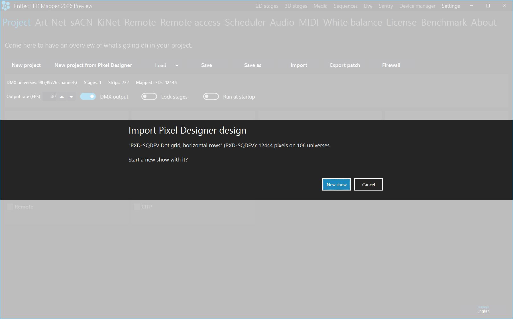 The same confirmation opened from Settings, Project: the design summary followed by the question Start a new show with it?, with the New show and Cancel buttons