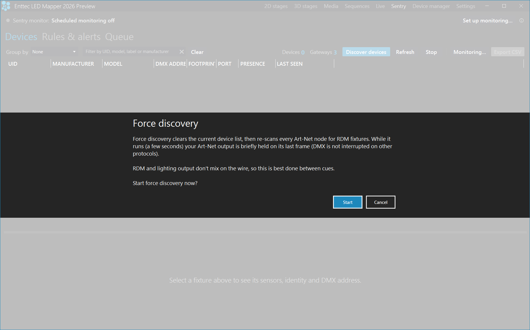 The Force discovery confirmation dialog, explaining that discovery clears the device list, re-scans every Art-Net node and briefly holds Art-Net output on its last frame
