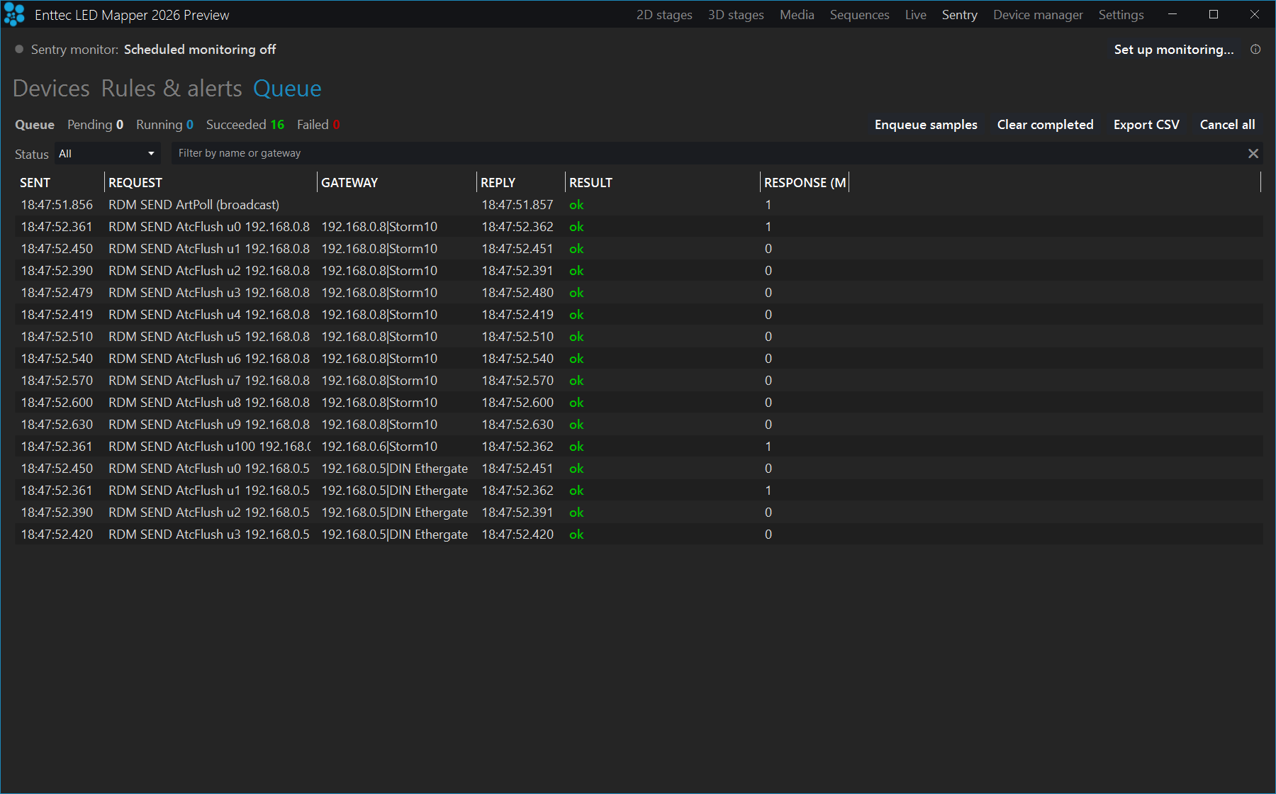 The Sentry Queue tab listing RDM requests with sent time, request, gateway, reply, result and response time columns above a status filter