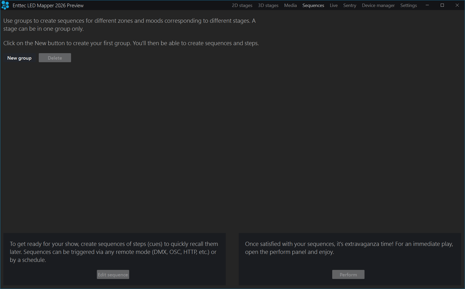 The Sequences panel with no groups yet: two lines of guidance about groups, a New group button with Delete greyed out beside it, an empty area where the group list would be, and two explanatory cards at the bottom whose Edit sequence and Perform buttons are disabled