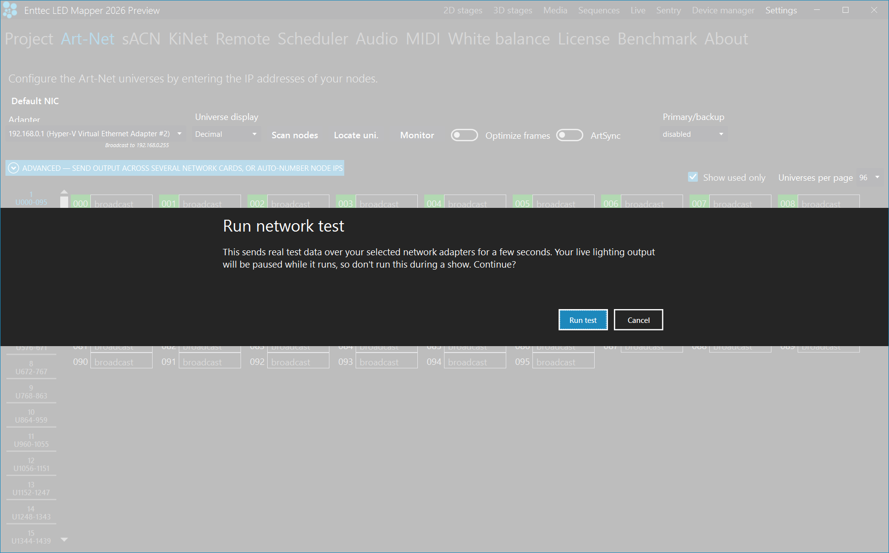 The Art-Net settings page: the Default NIC adapter set to 192.168.0.1 with Broadcast to 192.168.0.255 underneath, Universe display set to Decimal, the Scan nodes, Locate uni. and Monitor buttons, the Optimize frames and ArtSync switches both off, Primary/backup set to disabled, the blue Advanced band, the Show used only tick box and Universes per page set to 96, and the universe grid below with each box reading broadcast and the numbered page list down the left edge. A Run network test confirmation dialog covers the middle rows.