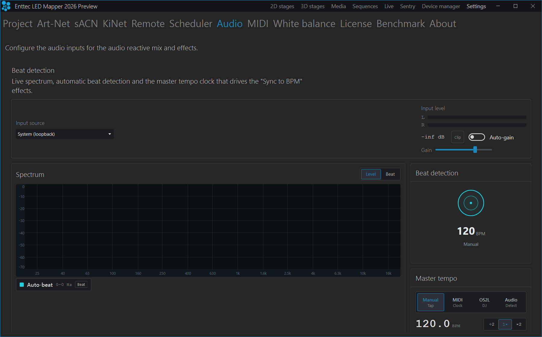 The Settings Audio page captured in silence: Input source set to System (loopback), the L and R level bars empty beside a reading of -inf dB, the Clip indicator, the Auto-gain switch off and a Gain slider, an empty Spectrum graph with Level and Beat buttons and an Auto-beat readout under it, and a Master tempo panel with Manual Tap selected at 120.0 BPM