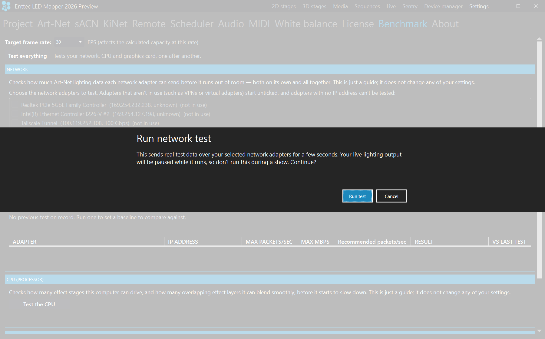 The Benchmark settings page with Target frame rate 30, the Test everything button, the Network adapter list, the empty results table and the CPU (processor) panel, with the Run network test confirmation dialog open over the middle of the page