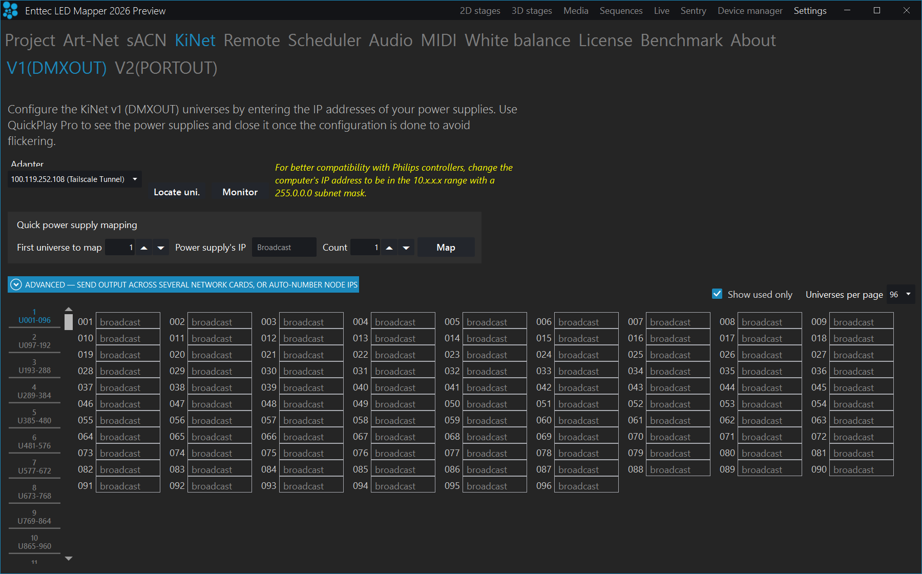 The KiNet settings page on the V1(DMXOUT) sub-tab: the Adapter selector with Locate uni. and Monitor beside it, the yellow note about putting the computer on the 10.x.x.x network, the Quick power supply mapping panel with First universe to map, Power supply's IP, Count and Map, and the universe grid where every box shows the greyed placeholder broadcast