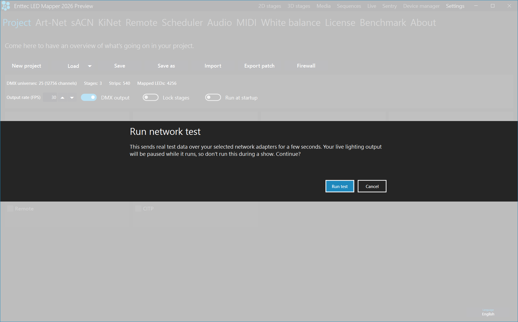 The top of the Project settings page: the New project, Load, Save, Save as, Import, Export patch and Firewall buttons, the counter line reading DMX universes 25 (12756 channels), Stages 3, Strips 540, Mapped LEDs 4256, and the Output rate row with the DMX output, Lock stages and Run at startup switches