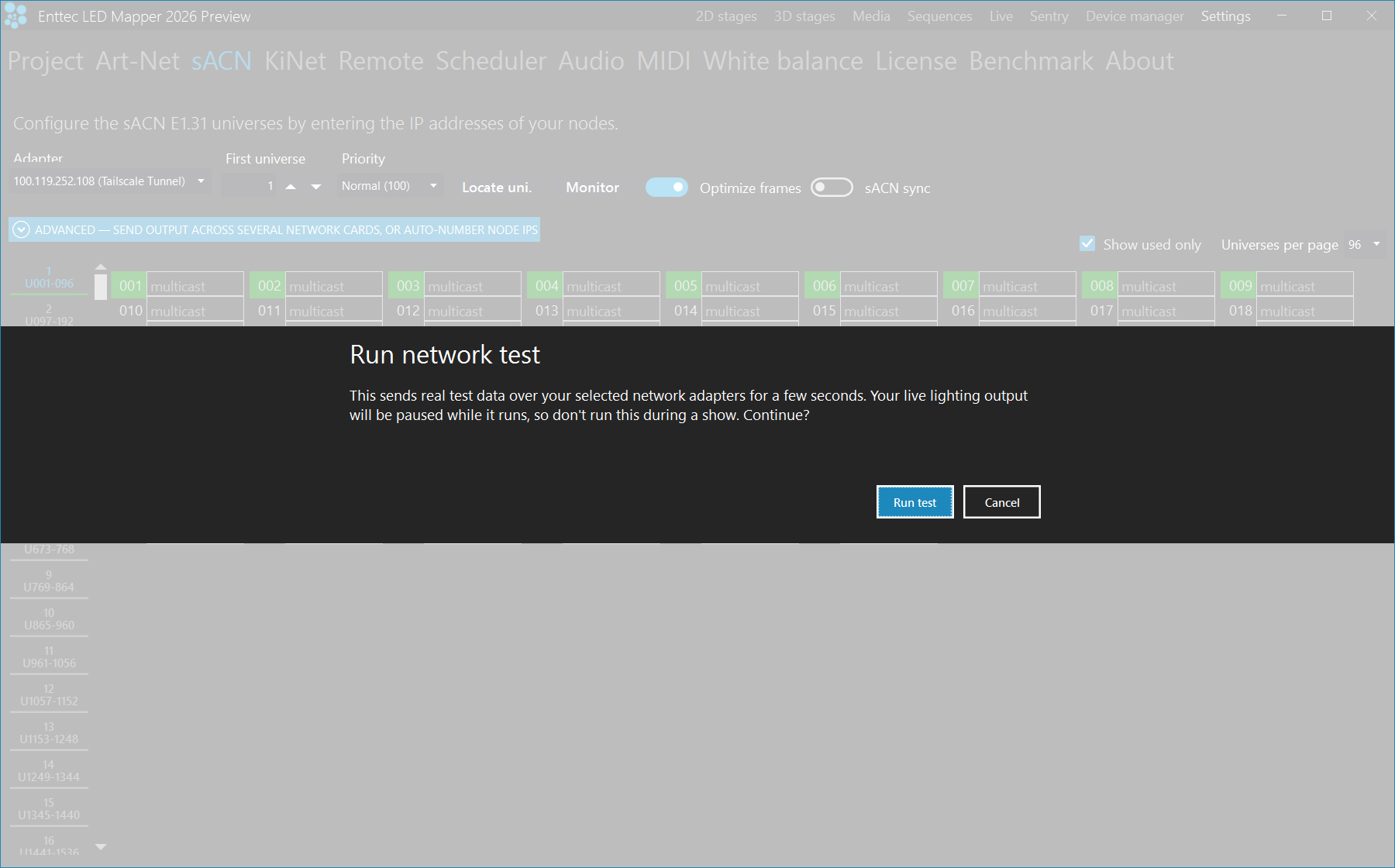 The top of the sACN settings page: the Adapter selector, First universe set to 1, Priority set to Normal (100), the Locate uni. and Monitor buttons, the Optimize frames switch on and sACN sync switch off, the Advanced band, the Show used only tick and Universes per page 96, and the first universe boxes all reading multicast