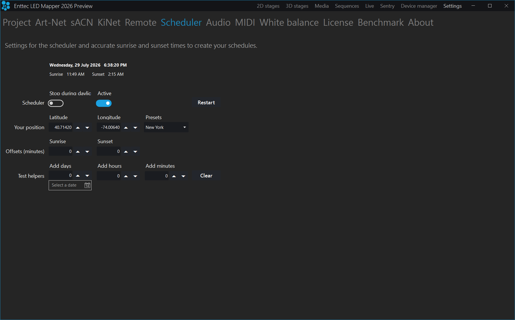 The Scheduler settings page showing the Your position row with Latitude, Longitude and Presets fields used to compute sunrise and sunset