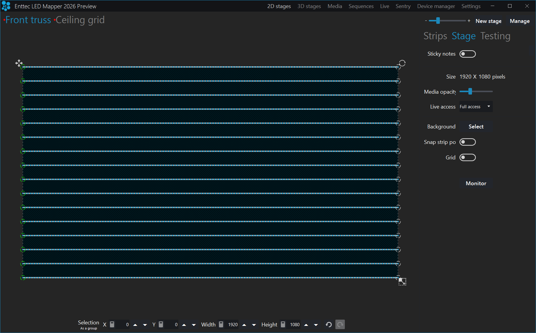 The 2D stages workspace with a row of stage tabs along the top and the zoom slider, New stage and Manage buttons at the top right