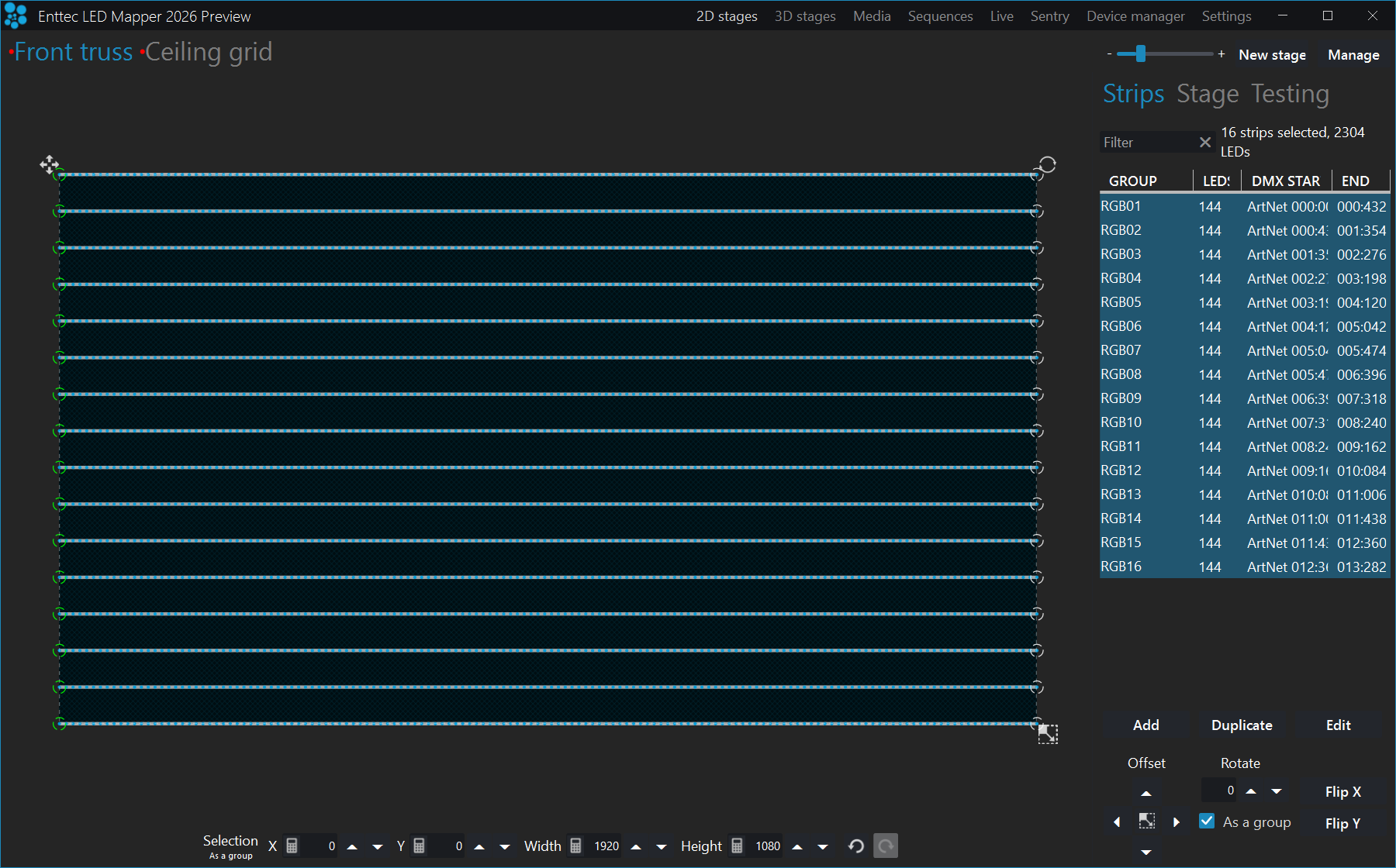 The strip list showing group, LED count and DMX start and end columns, with the filter box above it