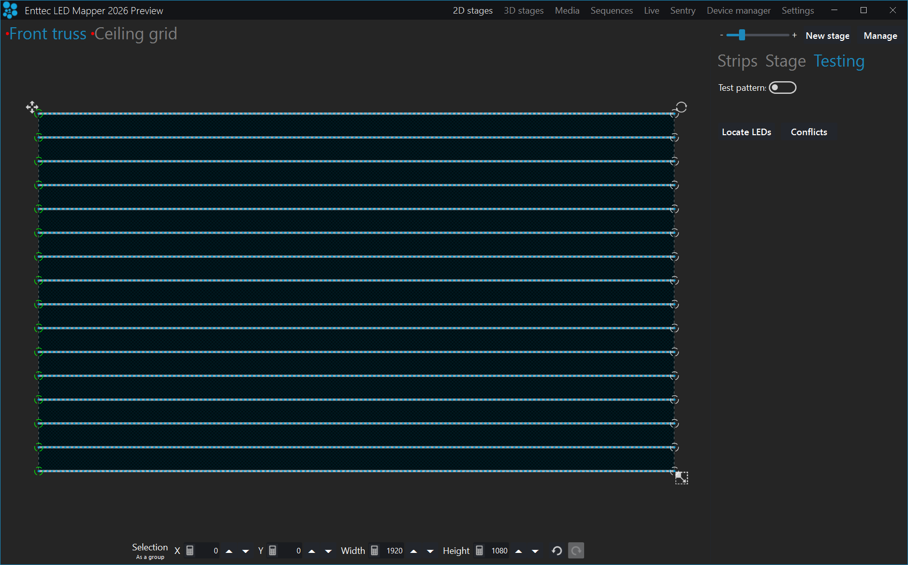 The Testing tab of a 2D stage with the test pattern switch off, so the only controls under it are the Locate LEDs and Conflicts buttons, next to the stage full of strips on the left.