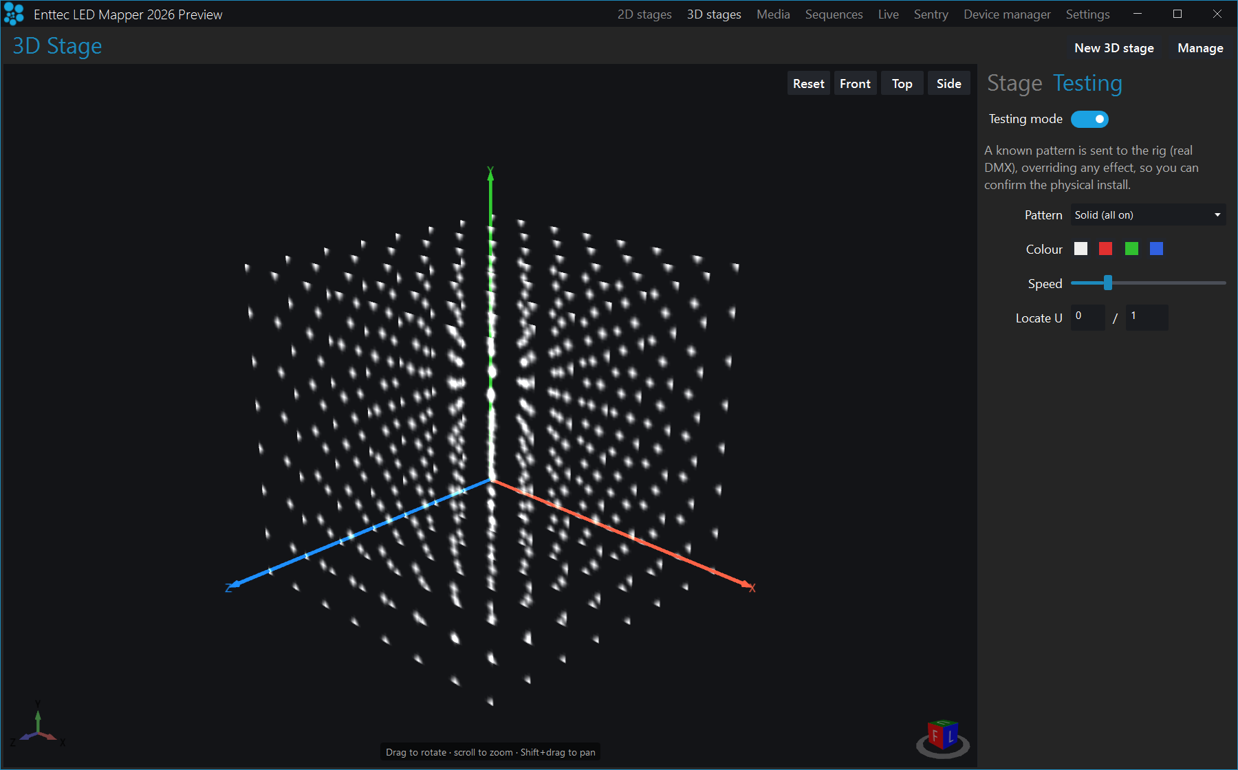 The Testing tab of a 3D stage with Testing mode switched on, showing the Pattern drop-down, the four colour swatches, the Speed slider and the Locate U universe and address boxes.